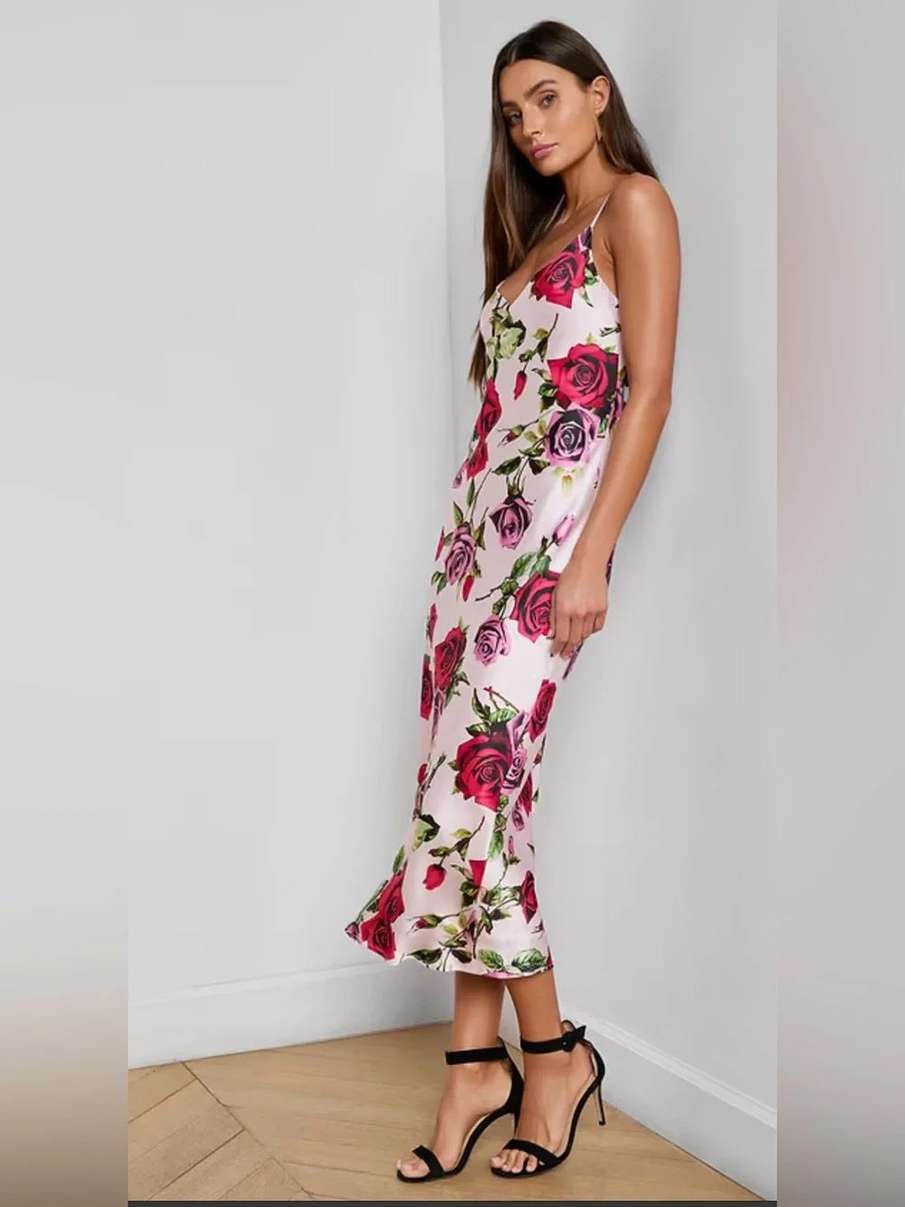 L'AGENCE Seridie silk slip dress. Pink Floral Slip Midi Dress with Rose Print